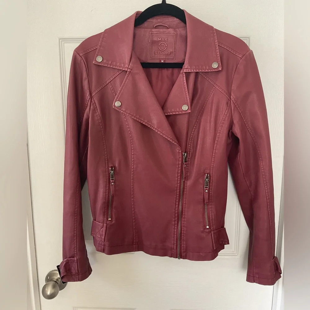 Max Studio Burgundy Moto Jacket Faux Leather Size M Womens